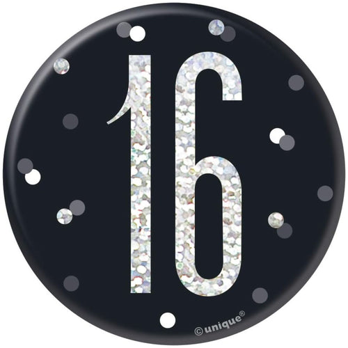 3"/ 8cm GLITZ BLACK 16th BIRTHDAY BADGE
