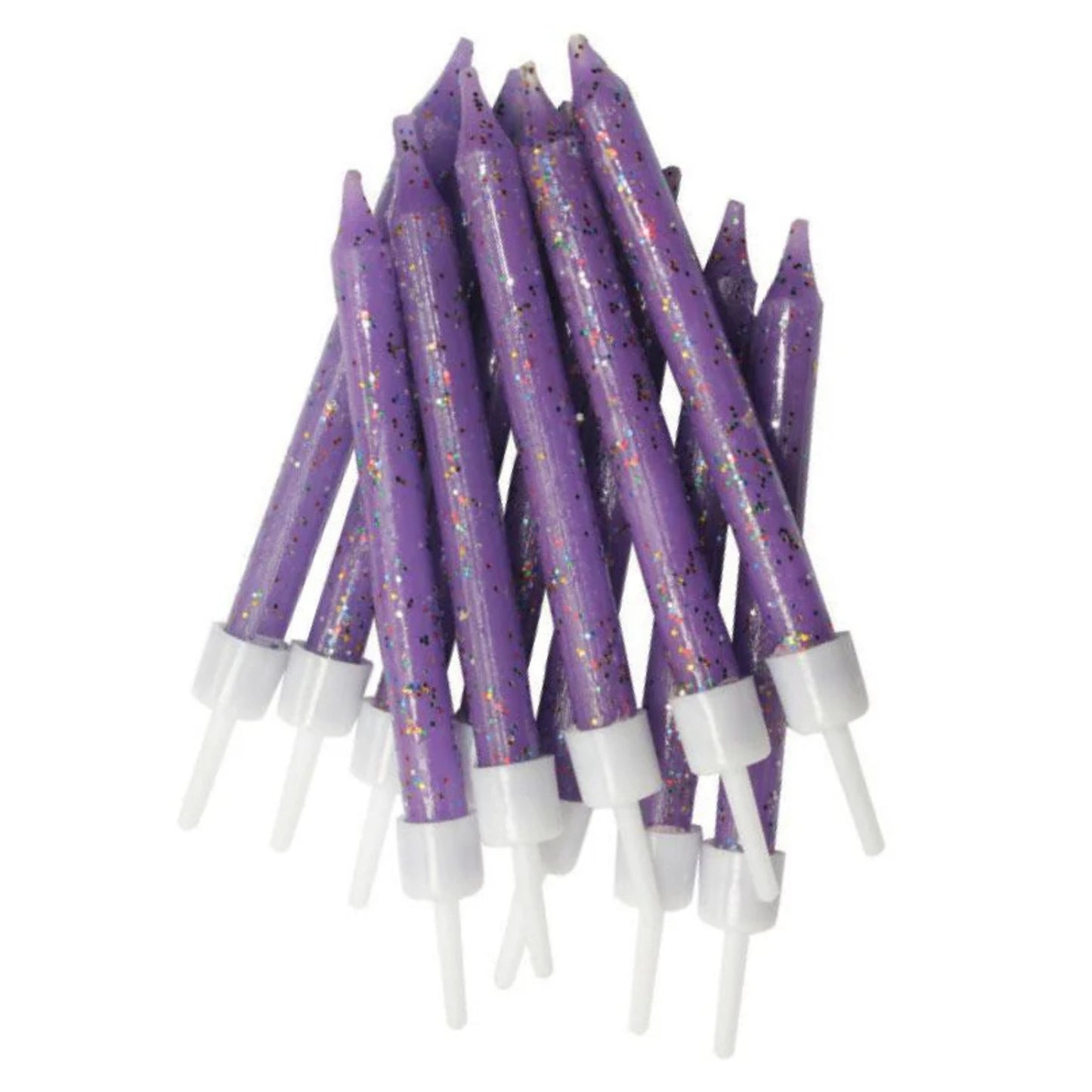 3"/ 7.5cm PURPLE GLITTER BIRTHDAY CANDLES WITH HOLDERS (12 PACK)