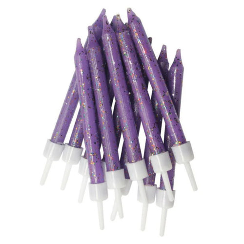 3"/ 7.5cm PURPLE GLITTER BIRTHDAY CANDLES WITH HOLDERS (12 PACK)