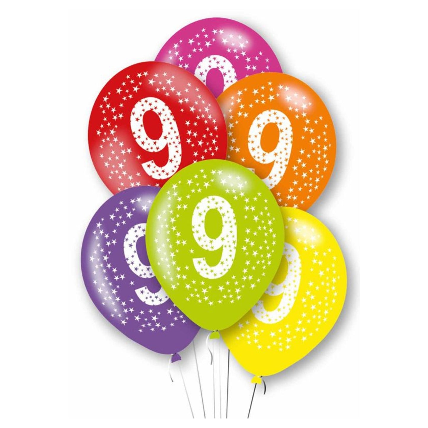 11"/ 27cm MULTICOLOURED AGE '9' 6 PACK LATEX BALLOONS
