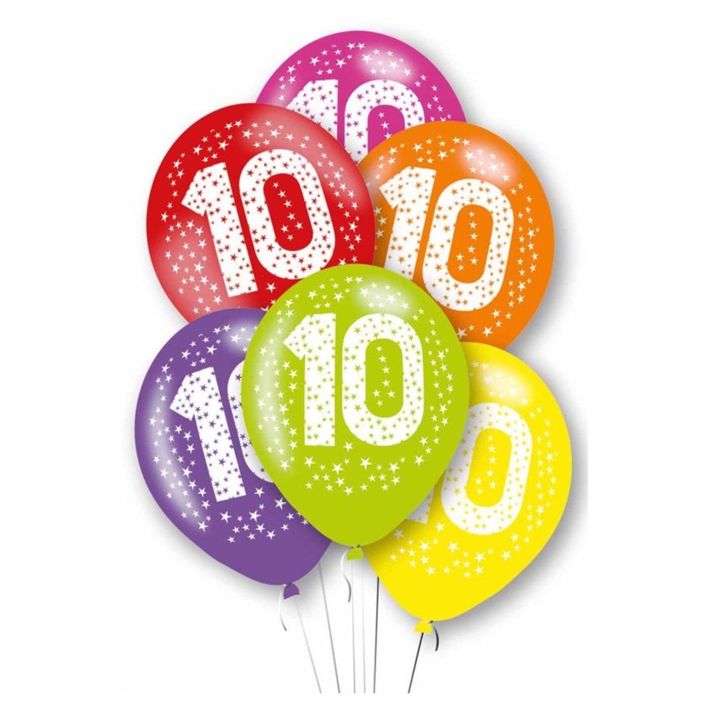 11"/ 27cm MULTICOLOURED AGE '10' 6 PACK LATEX BALLOONS