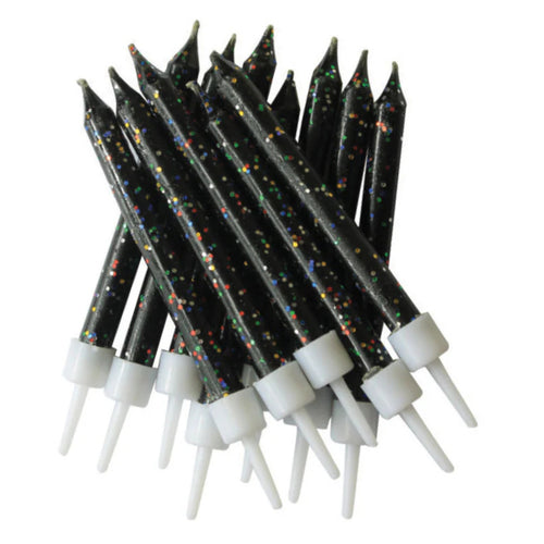 3"/ 7.5cm BLACK GLITTER BIRTHDAY CANDLES WITH HOLDERS (12 PACK)