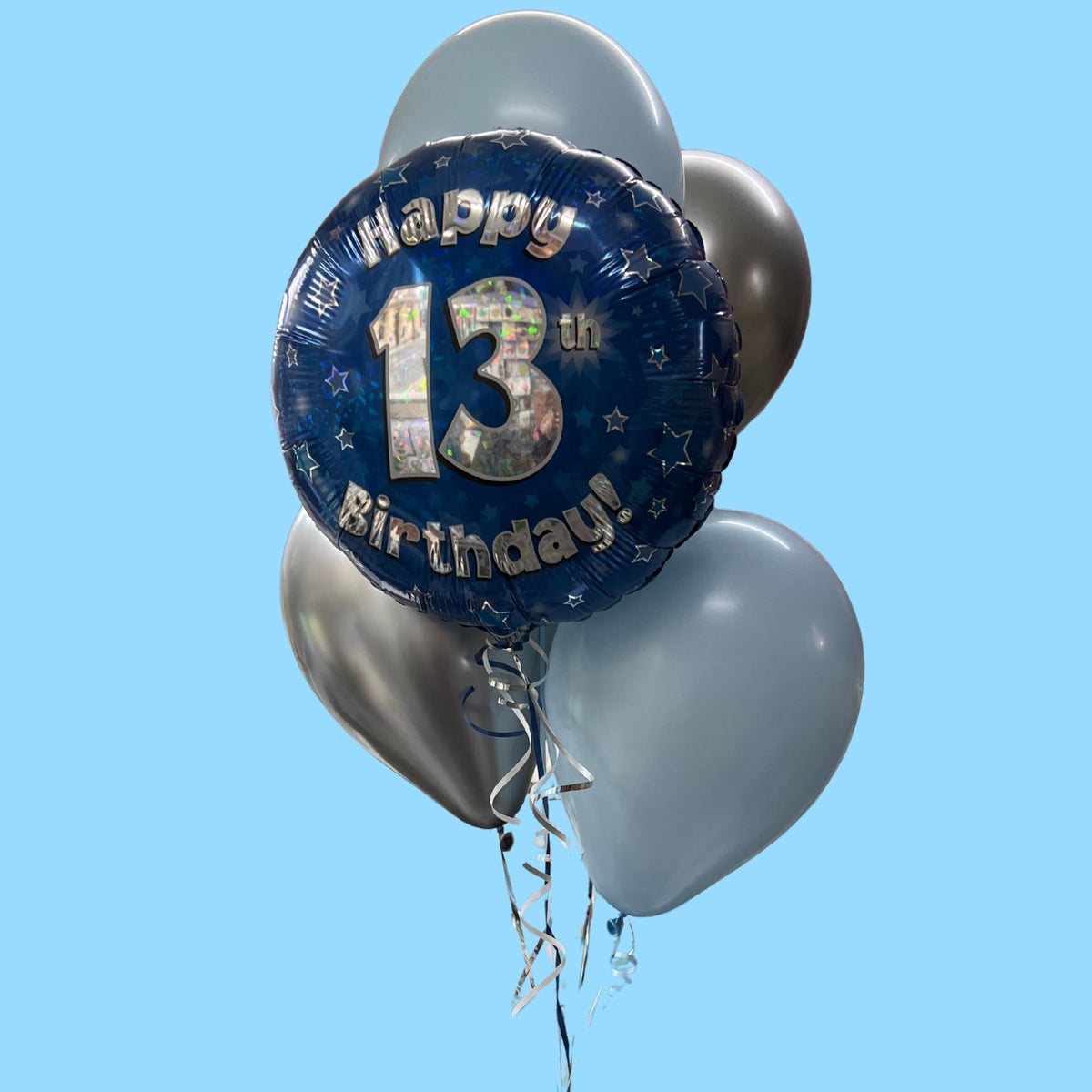 18" Printed Birthday Foil, and Blue Pastel Dusk & Silver Chrome Latex Cluster