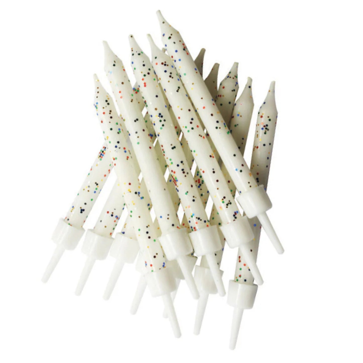 3"/ 7.5cm WHITE GLITTER BIRTHDAY CANDLES WITH HOLDERS (12 PACK)