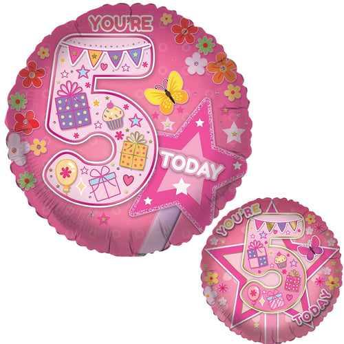 18"/ 46cm AGE 5 FEMALE DOUBLE-SIDED ROUND FOIL BALLOON