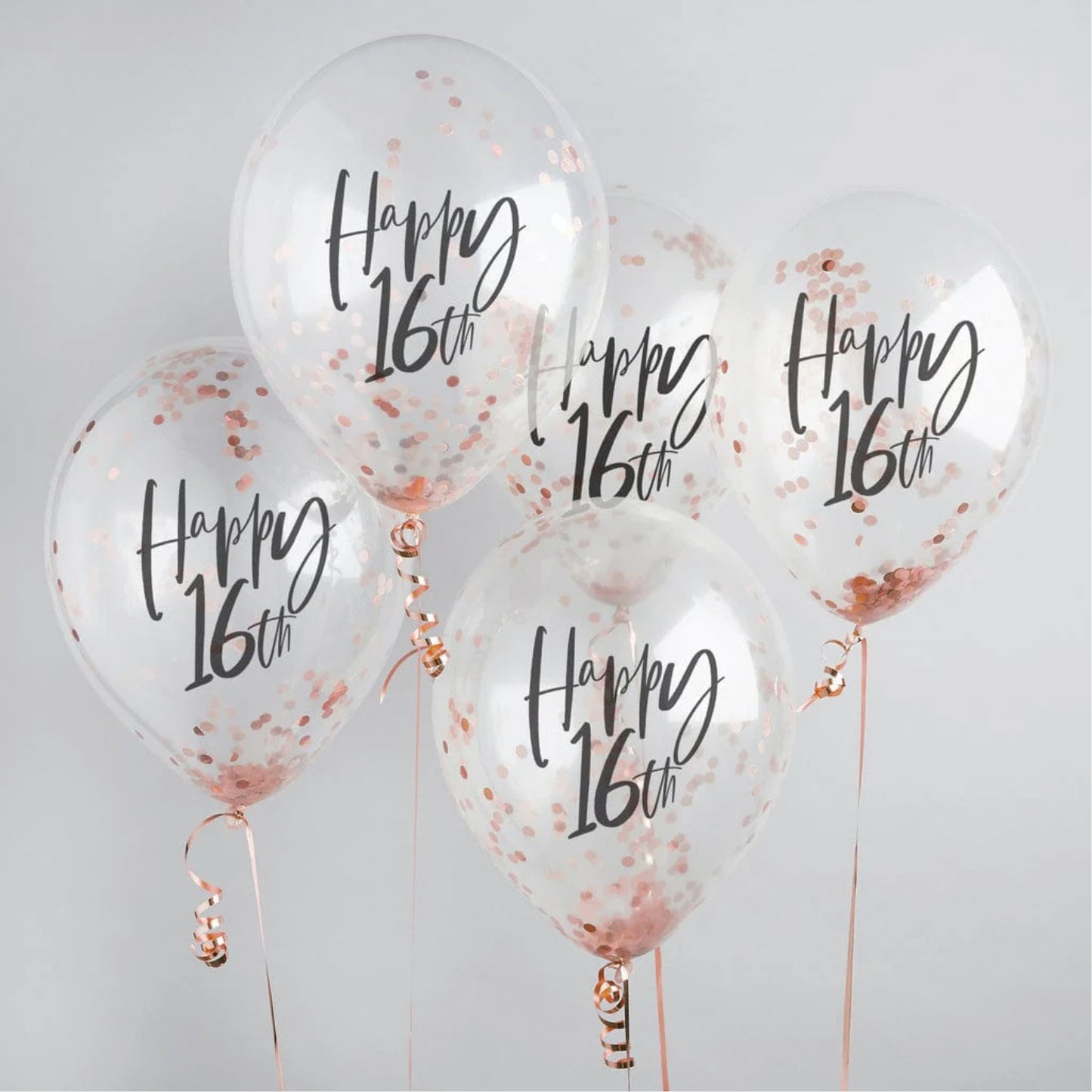 12"/ 30cm ROSE GOLD 'HAPPY 16th' 5 PACK LATEX BALLOONS