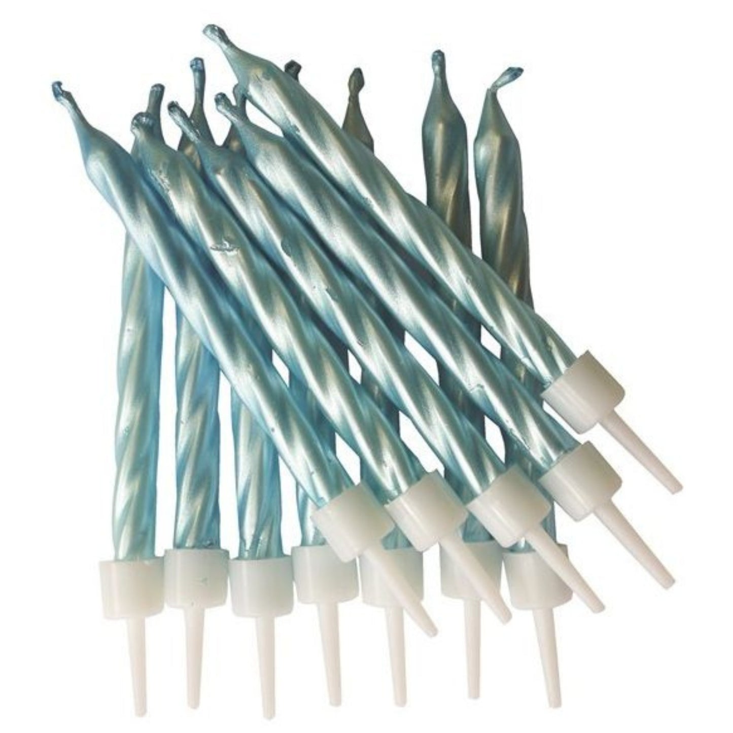 3"/ 7.5cm PEARLESCENT BLUE BIRTHDAY CANDLES WITH HOLDERS (12 PACK)