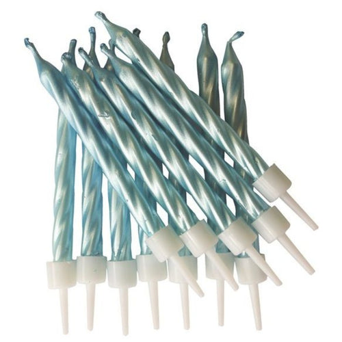 3"/ 7.5cm PEARLESCENT BLUE BIRTHDAY CANDLES WITH HOLDERS (12 PACK)