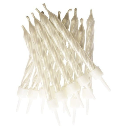 3"/ 7.5cm PEARLESCENT WHITE BIRTHDAY CANDLES WITH HOLDERS (12 PACK)