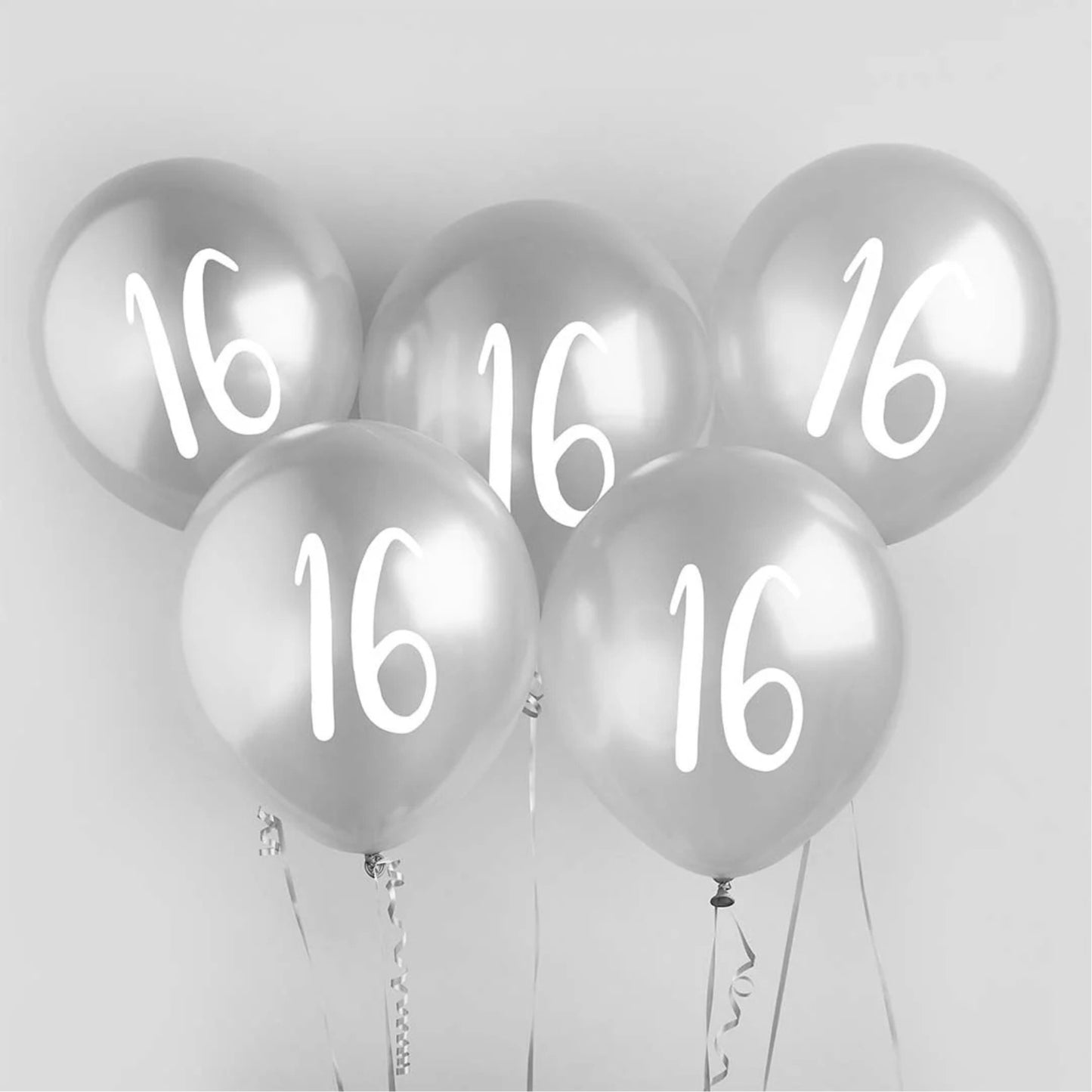 12"/ 30cm SILVER '16' 5 PACK LATEX BALLOONS