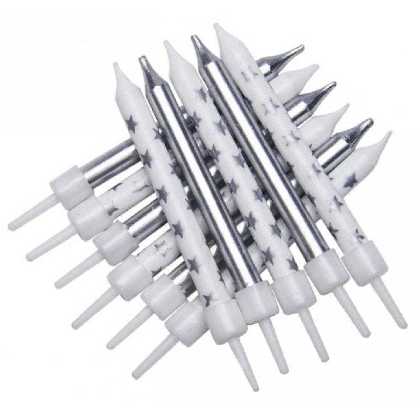 3"/ 7.5cm SILVER METALLIC STAR MIX BIRTHDAY CANDLES WITH HOLDERS (12 PACK)