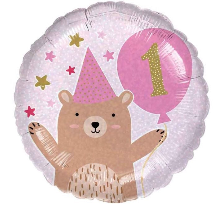 18"/ 46cm PINK BEAR "1" ROUND FOIL BALLOON