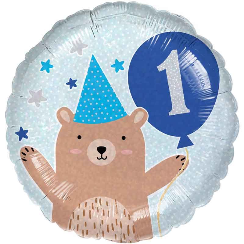 18"/ 46cm 1ST BIRTHDAY BEAR - BOY'S ROUND FOIL BALLOON