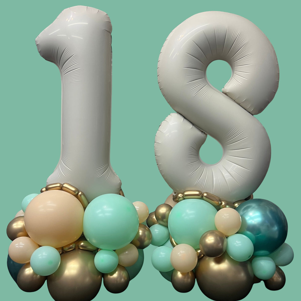Giant Nude '18' on Gold Chrome, White Sand, Pastel Green & Bottle Green Chrome Air-Filled Latex Base with 3.5" Mini-Latex and Gold Chrome Balloon Beading detail