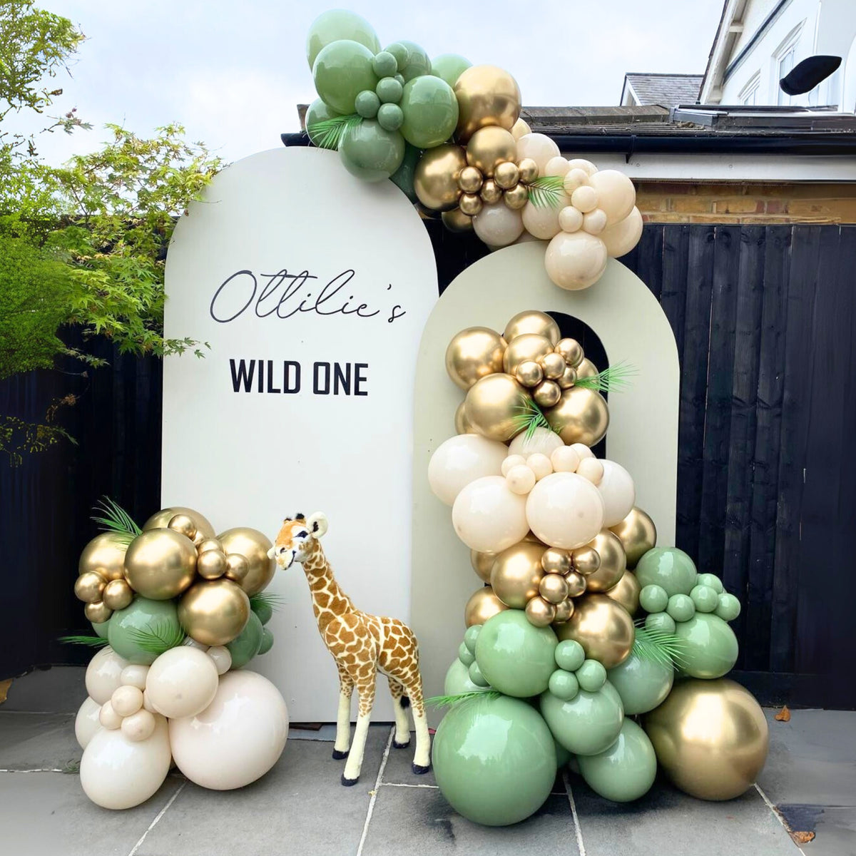 Double Sailboard with Personalised Vinyl Print and Gold Chrome, Eucalyptus & Cream Pastel Dusk Balloon Garland