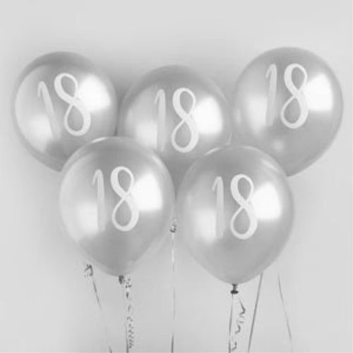 12"/ 30cm SILVER '18' 5 PACK LATEX BALLOONS