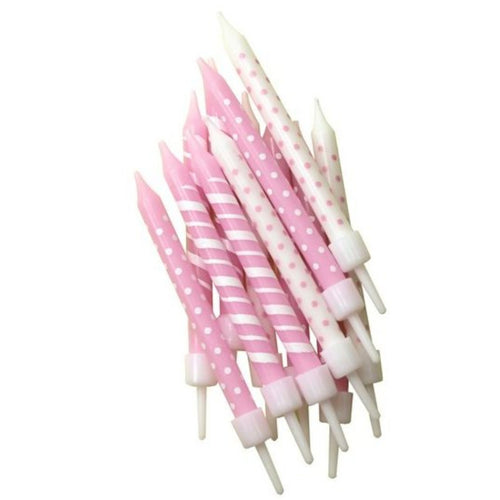 3"/ 7.5cm PINK & WHITE DOTS & STRIPES BIRTHDAY CANDLES WITH HOLDERS (12 PACK)