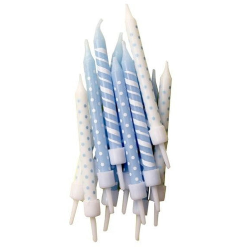 3"/ 7.5cm BLUE & WHITE DOTS & STRIPES BIRTHDAY CANDLES WITH HOLDERS (12 PACK)