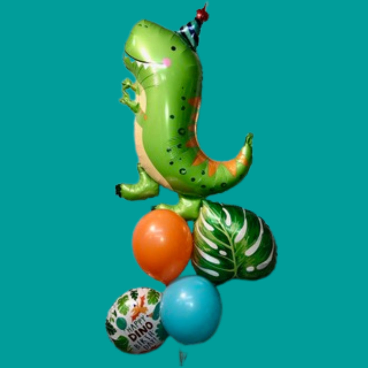 Dinosaur Supershape, 18" Dino Foil, Leaf Shaped Foil and Orange & Blue Latex Cluster