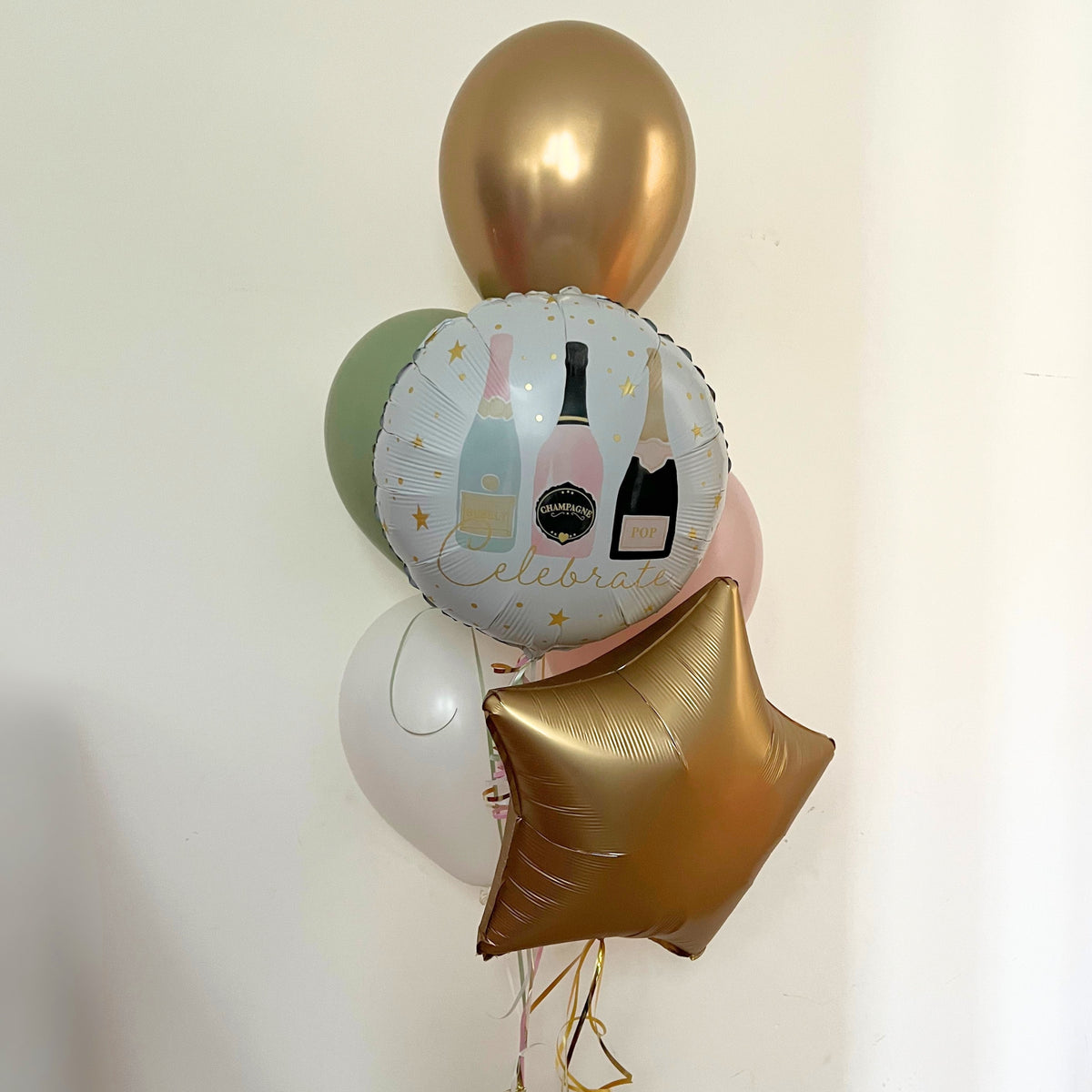 18" Printed Foil, Gold Sateen Foil Star, and Gold Chrome, Eucalyptus, Rosewood & Cream Pastel Dusk Latex - Floor Cluster of 6