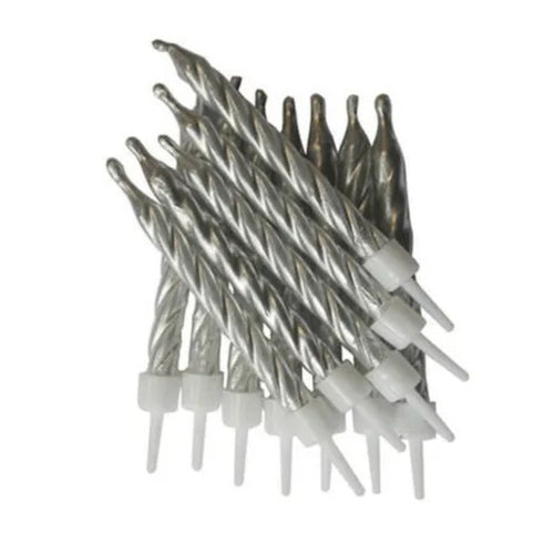 3"/ 7.5cm SILVER METALLIC BIRTHDAY CANDLES WITH HOLDERS (12 PACK)