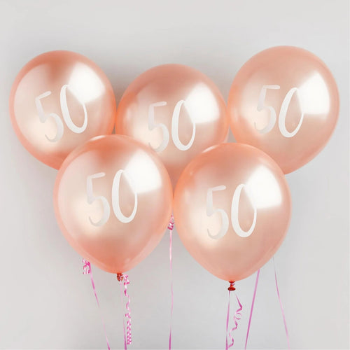 12"/ 30cm ROSE GOLD '50' 5 PACK LATEX BALLOONS