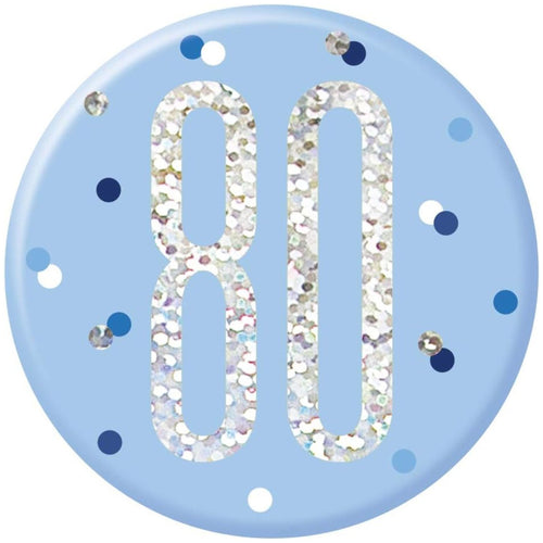 3"/ 8cm GLITZ BLUE 80th BIRTHDAY BADGE