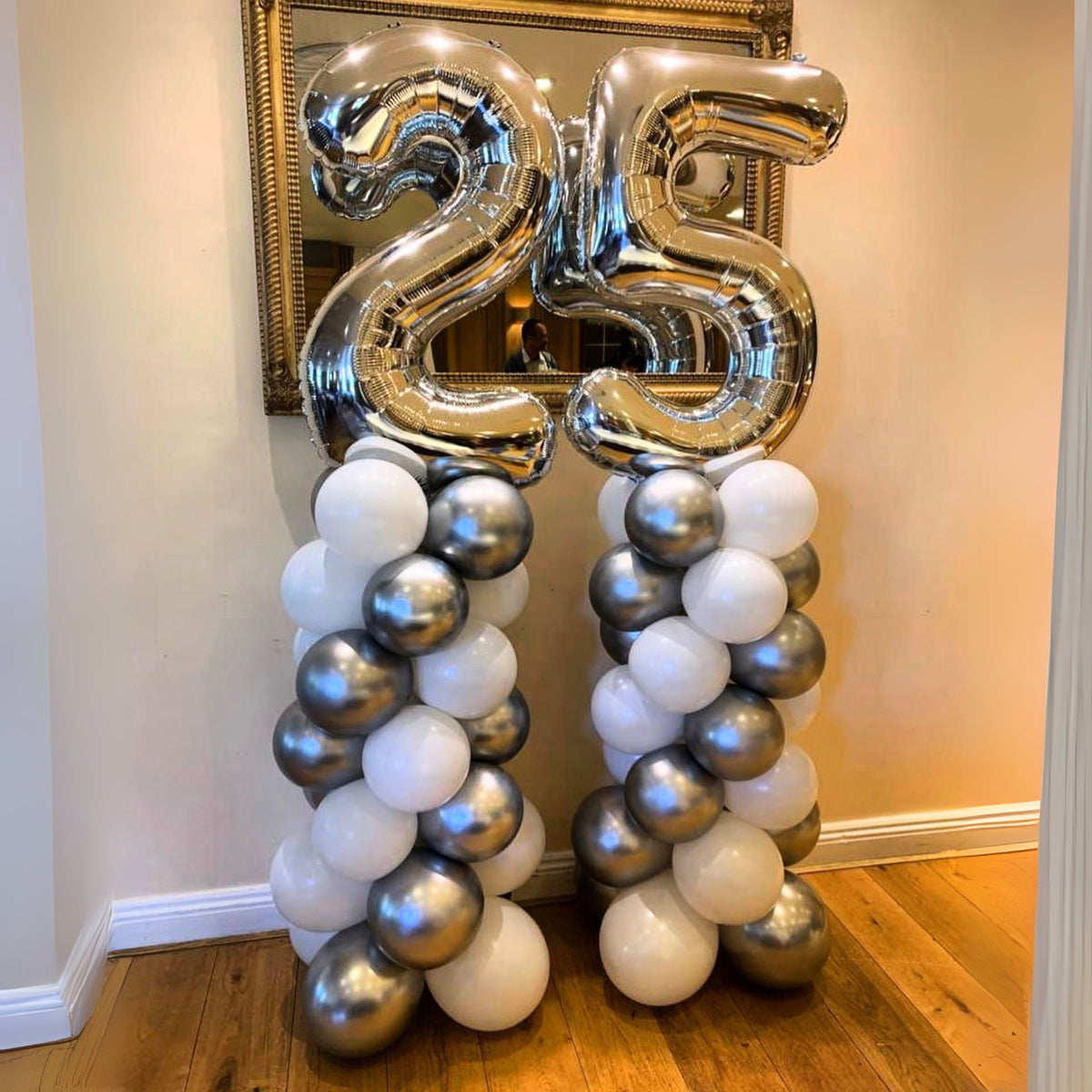Silver Chrome & White Spiral Towers with Silver '25' on top