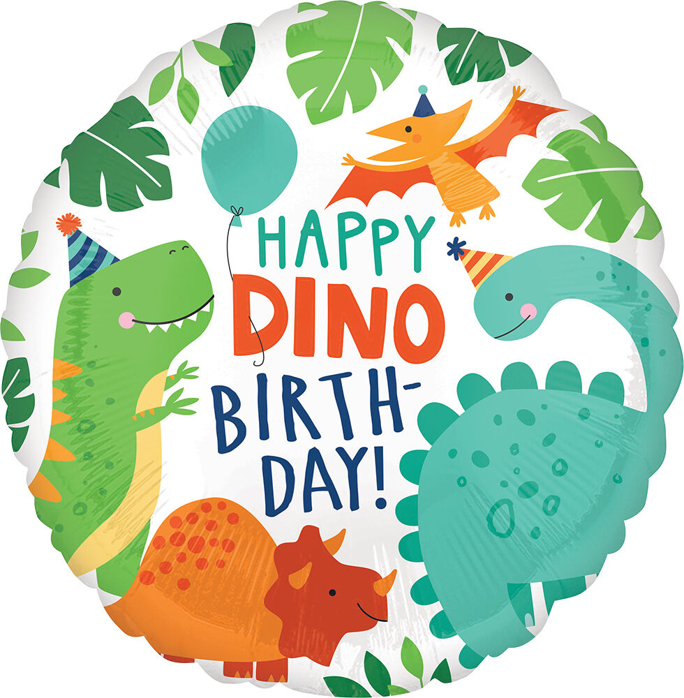18"/ 46cm HAPPY DINO BIRTHDAY! DINOSAUR ROUND FOIL BALLOON
