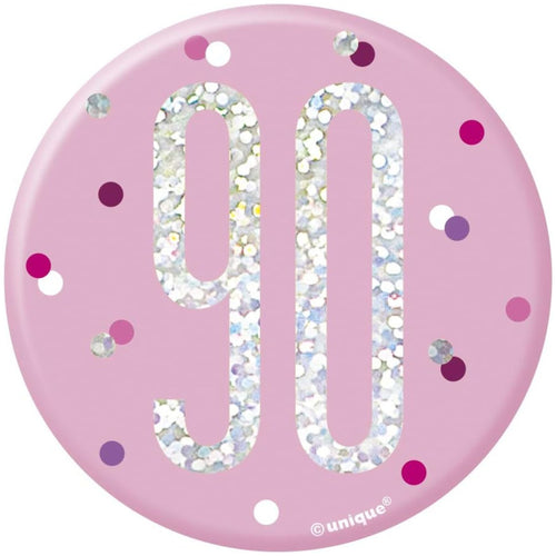 3"/ 8cm GLITZ PINK 90th BIRTHDAY BADGE