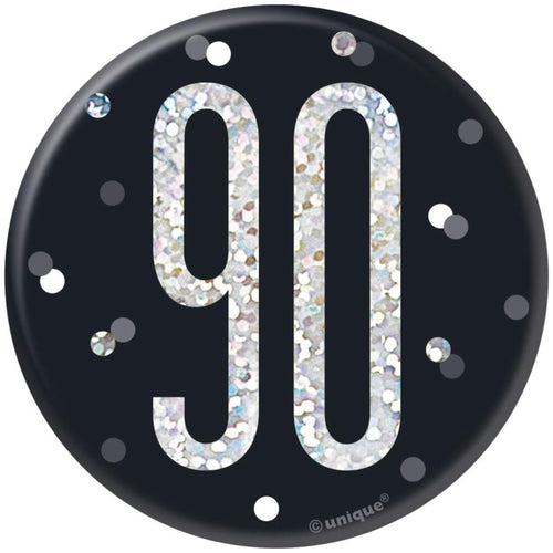 3"/ 8cm GLITZ BLACK 90th BIRTHDAY BADGE