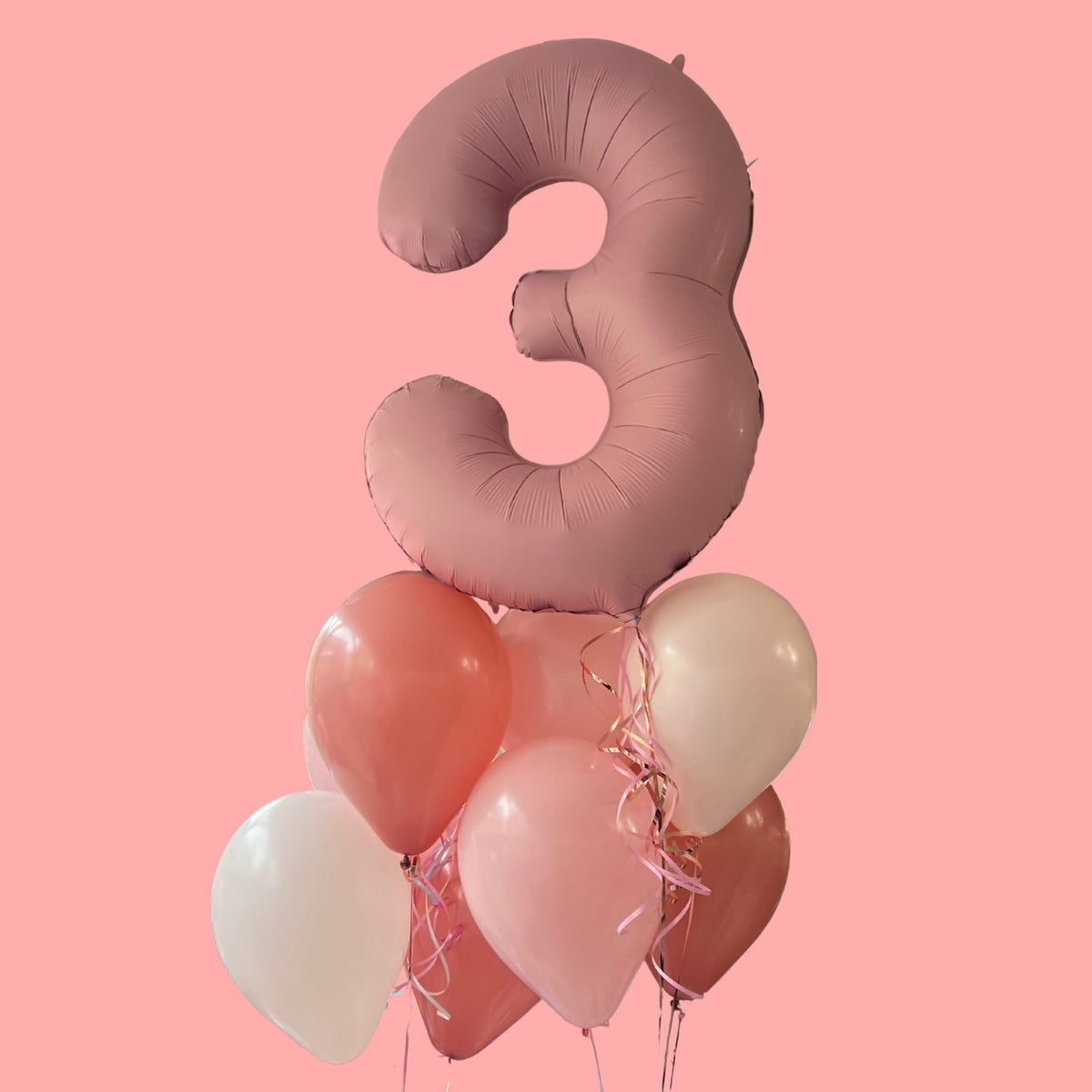 Giant Matte Baby Pink '3' with Pink, Rosewood & White Latex Balloon Cluster