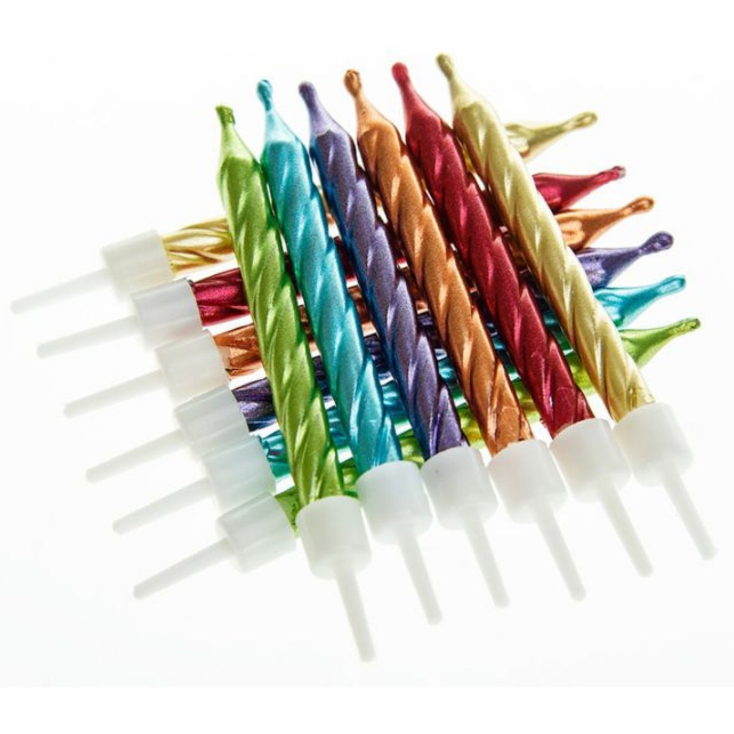 3"/ 7.5cm RAINBOW METALLIC BIRTHDAY CANDLES WITH HOLDERS (12 PACK)