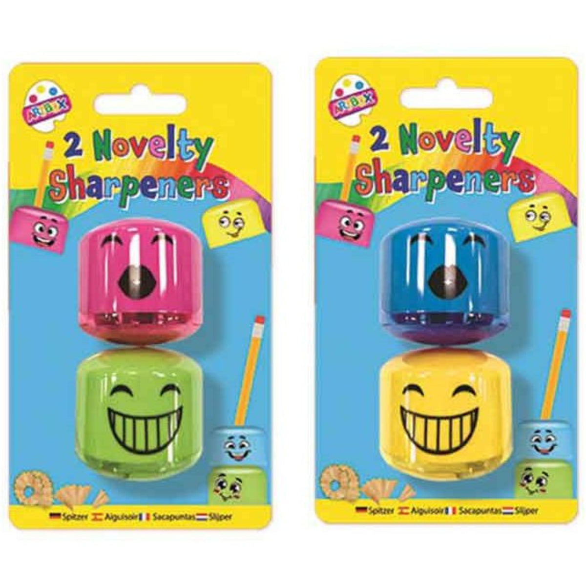 FUNNY FACE NOVELTY SHARPENERS (2 PACK - 2 ASSORTED COLOURS)