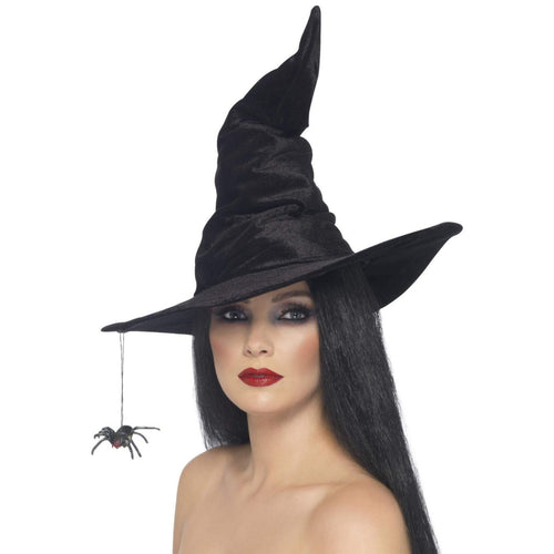 BLACK VELOUR WITCH HAT WITH HANGING SPIDER