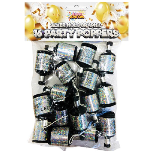 SILVER HOLOGRAPHIC PARTY POPPERS (16 PACK)