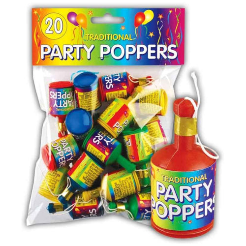 MULTICOLOURED PARTY POPPERS (20 PACK)