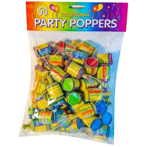 MULTICOLOURED PARTY POPPERS (50 PACK)