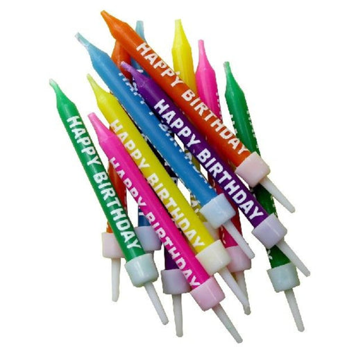 3"/ 7.5cm MULTICOLOUR HAPPY BIRTHDAY CANDLES WITH HOLDERS (12 PACK)
