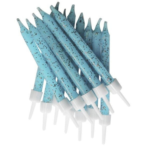 3"/ 7.5cm PALE BLUE GLITTER BIRTHDAY CANDLES WITH HOLDERS (12 PACK)