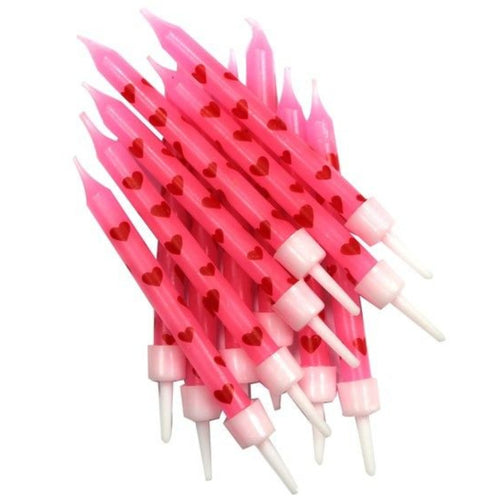 3"/ 7.5cm PINK HEARTS  BIRTHDAY CANDLES WITH HOLDERS (12 PACK)
