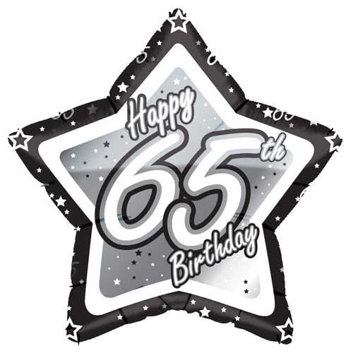 18"/ 46cm  BLACK & SILVER 65TH BIRTHDAY STAR SHAPE FOIL BALLOON