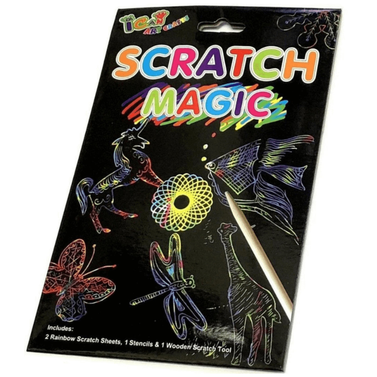 SCRATCH MAGIC ART (2 Rainbow Scratch Sheets - Stencils - Wooden Scratch Tool)