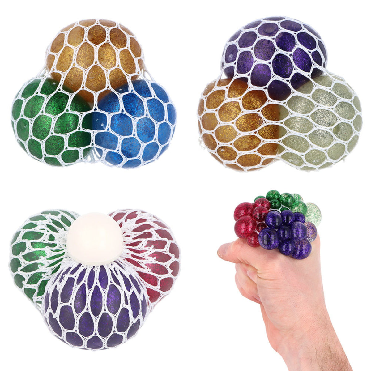 GLITTER SQUEEZE BALL IN MESH (14cm - 4 ASSORTED COLOURS)