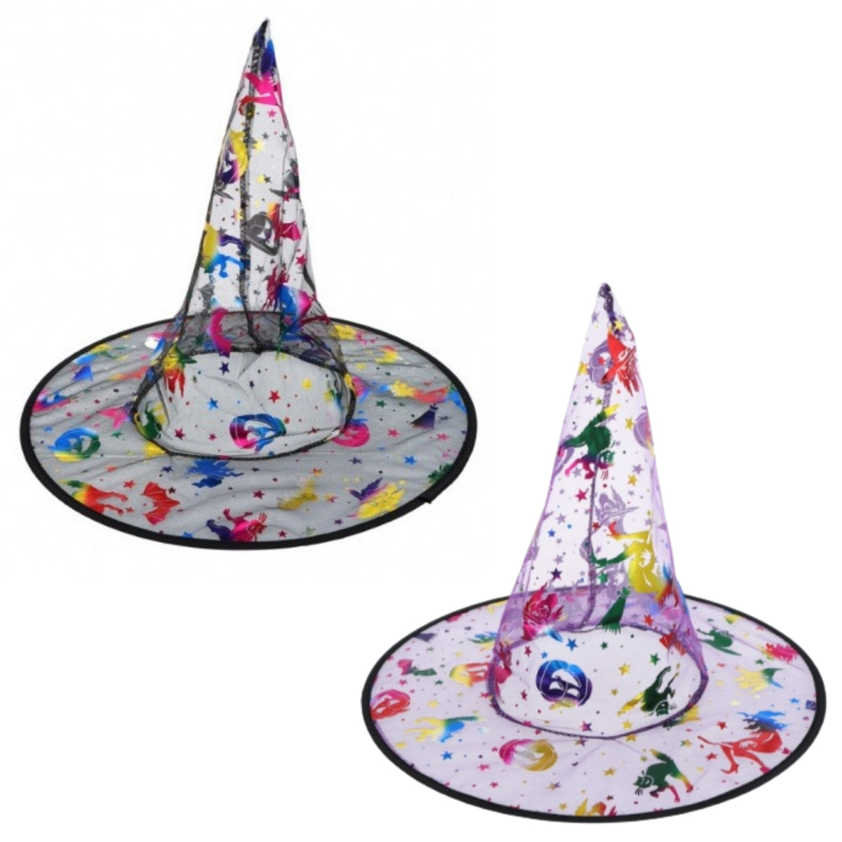 CHILD'S FOIL STAMPED MULTI COLOUR WITCH HAT (2 ASSORTED DESIGNS)