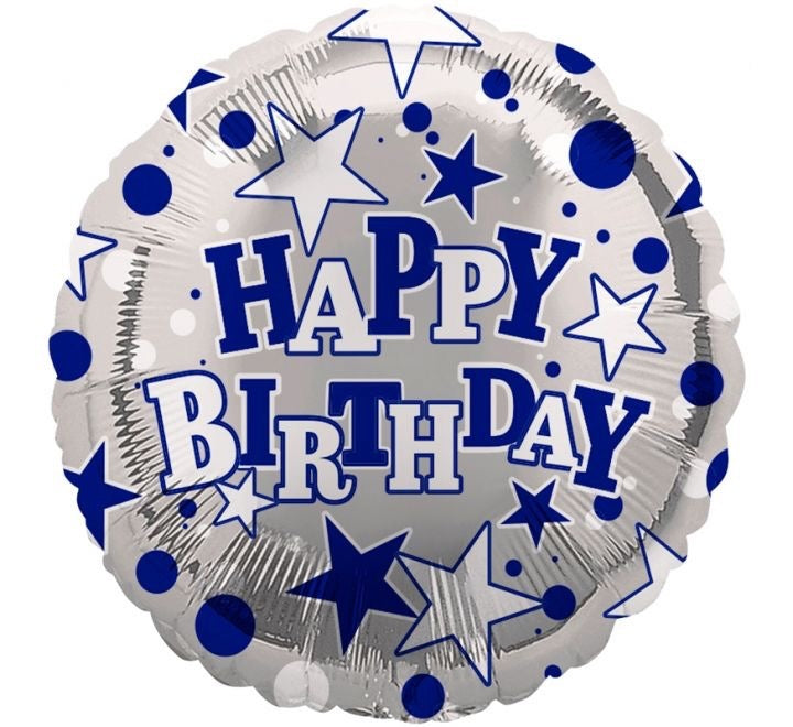18"/ 46cm HAPPY BIRTHDAY BLUE STARS ROUND FOIL BALLOON