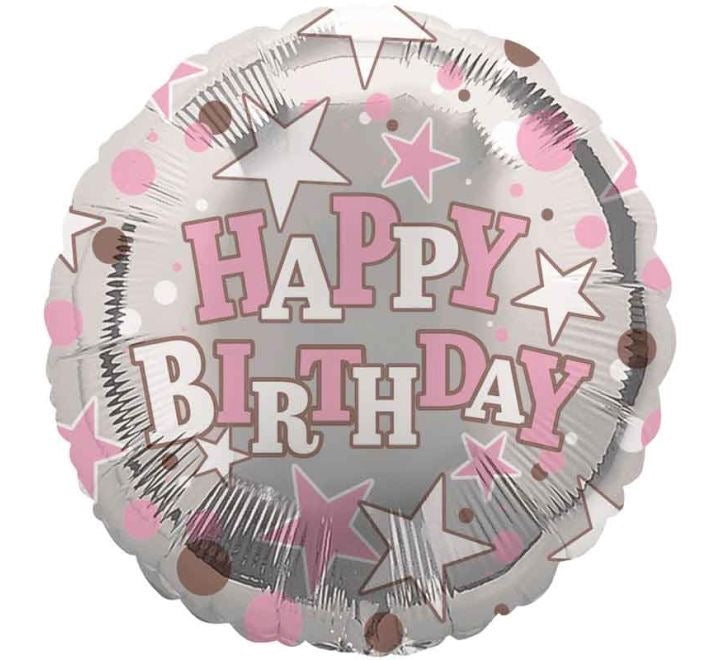 18"/ 46cm HAPPY BIRTHDAY PINK STARS ROUND  FOIL BALLOON