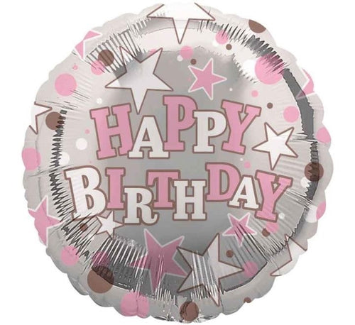 18"/ 46cm HAPPY BIRTHDAY PINK STARS ROUND  FOIL BALLOON