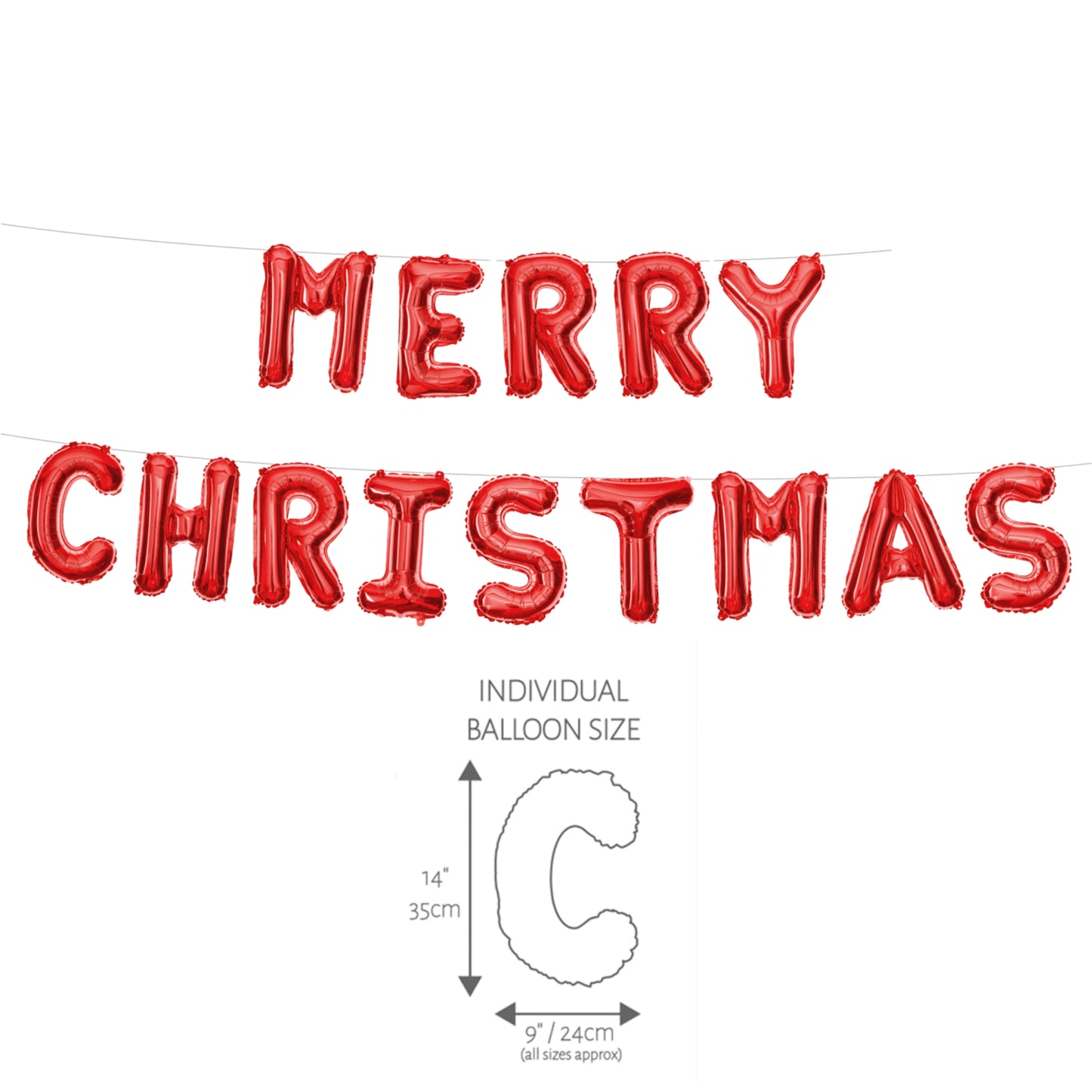 RED MERRY CHRISTMAS AIR-FILL FOIL LETTER BALLOON STRING (9" x 14" / 24cm x 35cm)