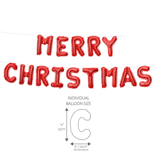 RED MERRY CHRISTMAS AIR-FILL FOIL LETTER BALLOON STRING (9" x 14" / 24cm x 35cm)